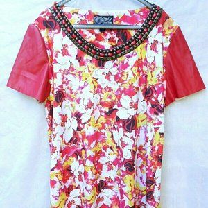 SHARIF COUTURE Top Size M Colorful Faux Leather Short Sleeve Beaded Neck Shirt